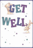 Radiating cheer from the heart of Edgware, this get well card features two charming companions-a loveable teddy bear and an exuberant puppy-whose playful interaction lifts the spirit much like the arrival of a favourite bouquet. The bear's plush form embraces the sturdy 'GET,' while the puppy's floppy ears drape affectionately beside 'WELL,' both words painted in rich washes of indigo and teal reminiscent of the delphiniums and irises that grace many Edgware bouquets. Throughout the air float twinkling star shapes in purples and soft blues, casting a sense of gentle magic above a creamy white backdrop evocative of freshly pressed table linens in a local home. The illustration's textures invite touch: one can almost feel the soft bear fur and velvet puppy ears, as reassuring and familiar as a hand-delivered arrangement from a neighbour on Hale Lane. Infused with hope and lightness, the card's lively design offers genuine comfort and bright possibility-making it an ideal companion to a hand-picked bouquet, ready to bring warmth and encouragement to anyone in Edgware who needs a caring boost.